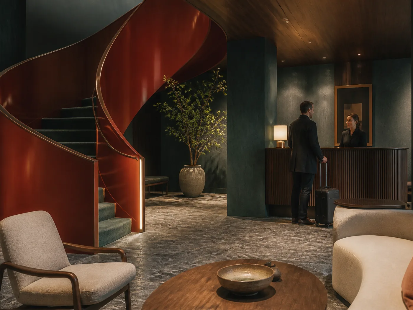 Lobby met lakrode trap en zachte zitplaatsen