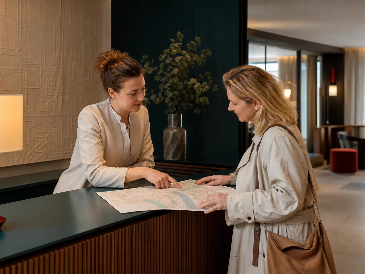 Gast in gesprek met een conciërge aan de ontvangsttafel