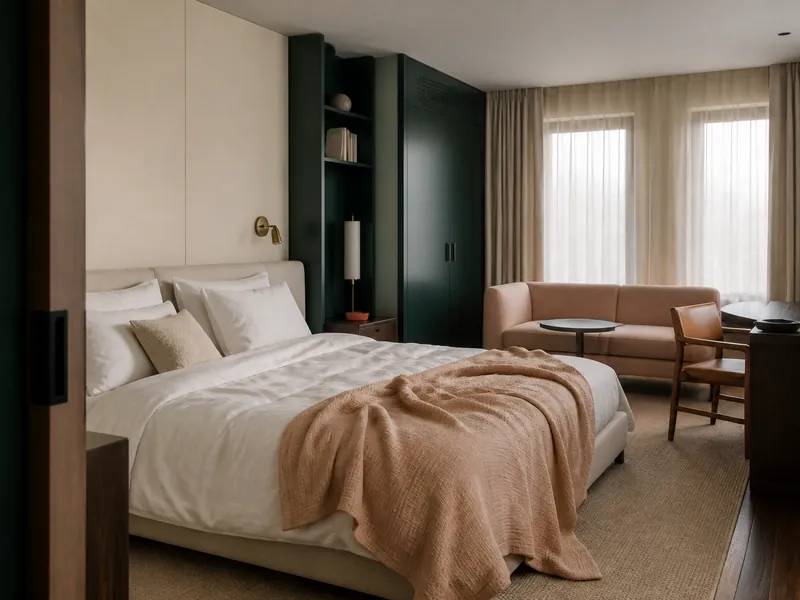 Suite met zachte kleitinten en donker maatwerk